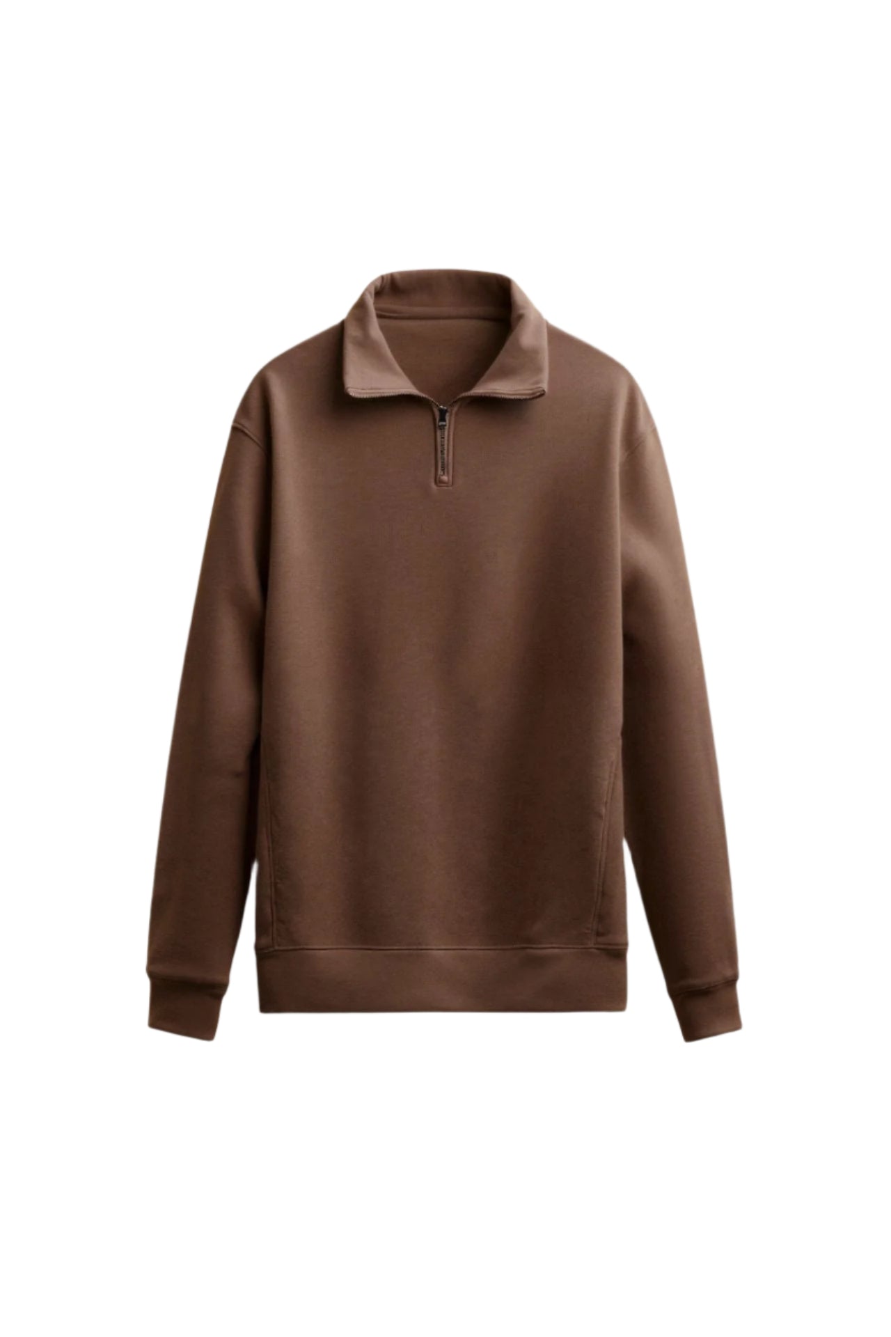 Flat-lay of zip-up sweater with ribbed cuffs and high collar