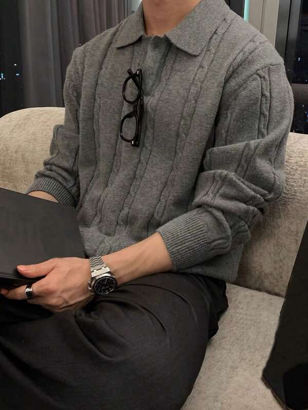 Men’s cardigan with ribbed cuffs and buttons, worn by  model