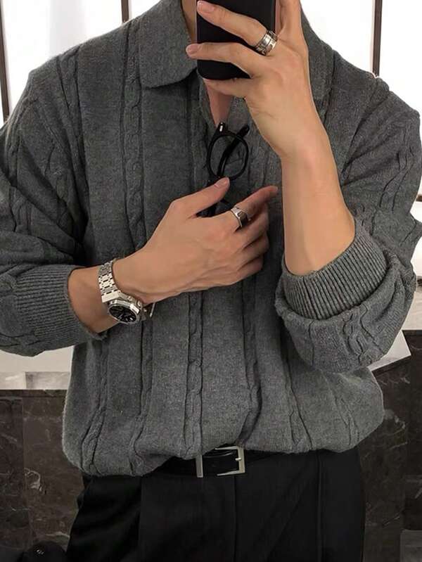 Men’s cardigan with ribbed cuffs and buttons, worn by model
