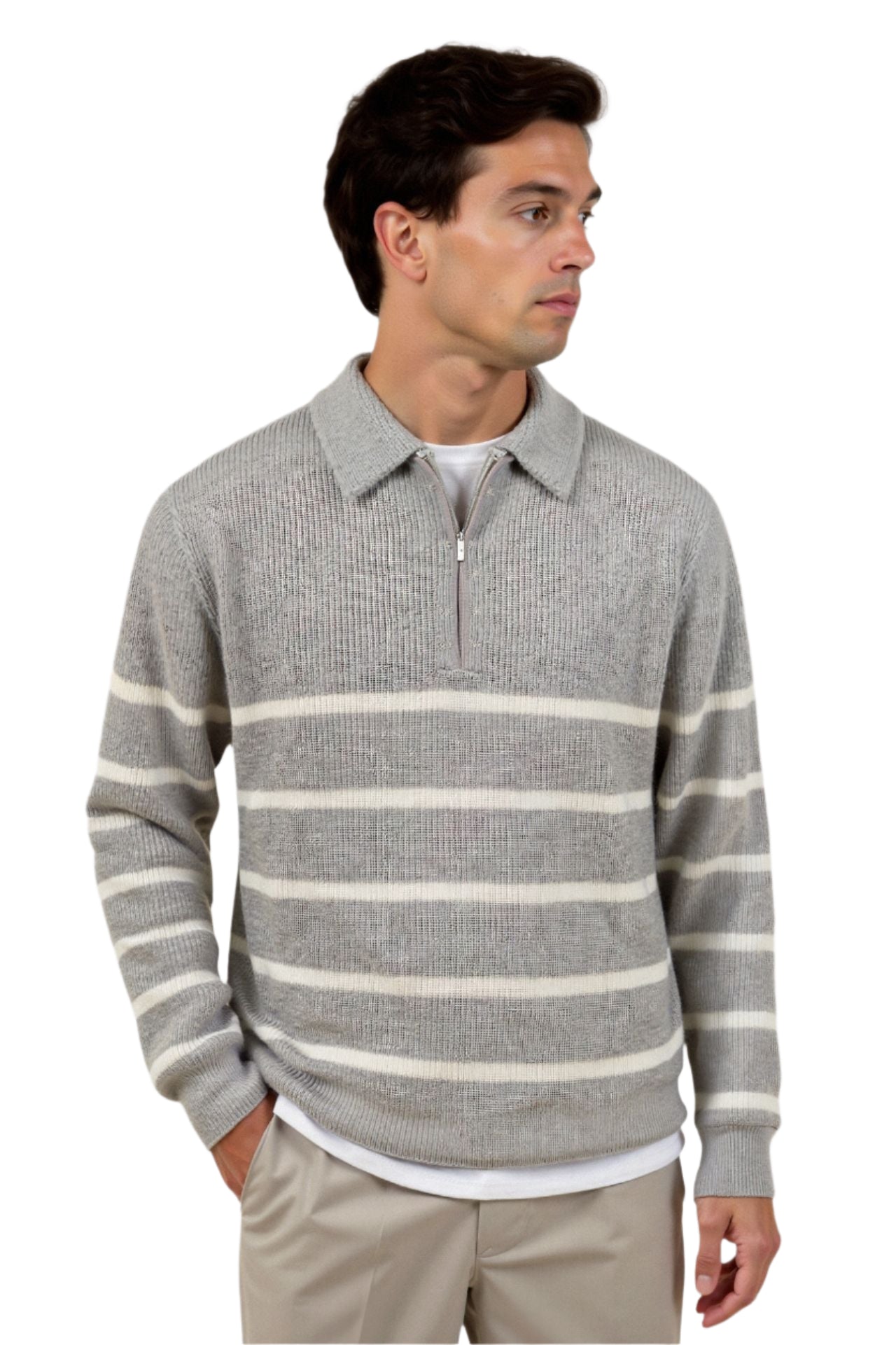 white striped cotton quarter-zip ribbed sweater with polished cuffs