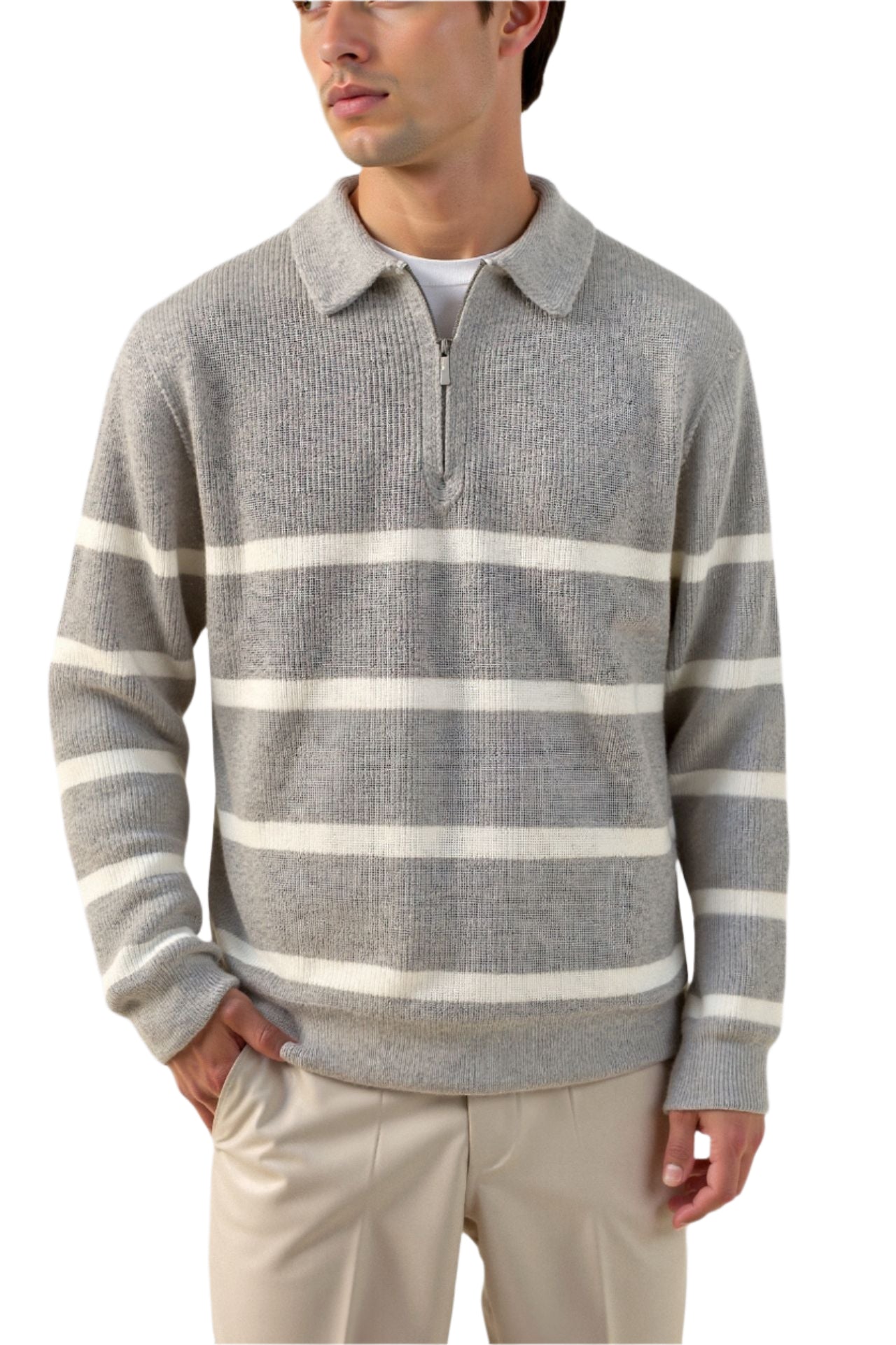 white striped cotton quarter-zip ribbed sweater with polished cuffs