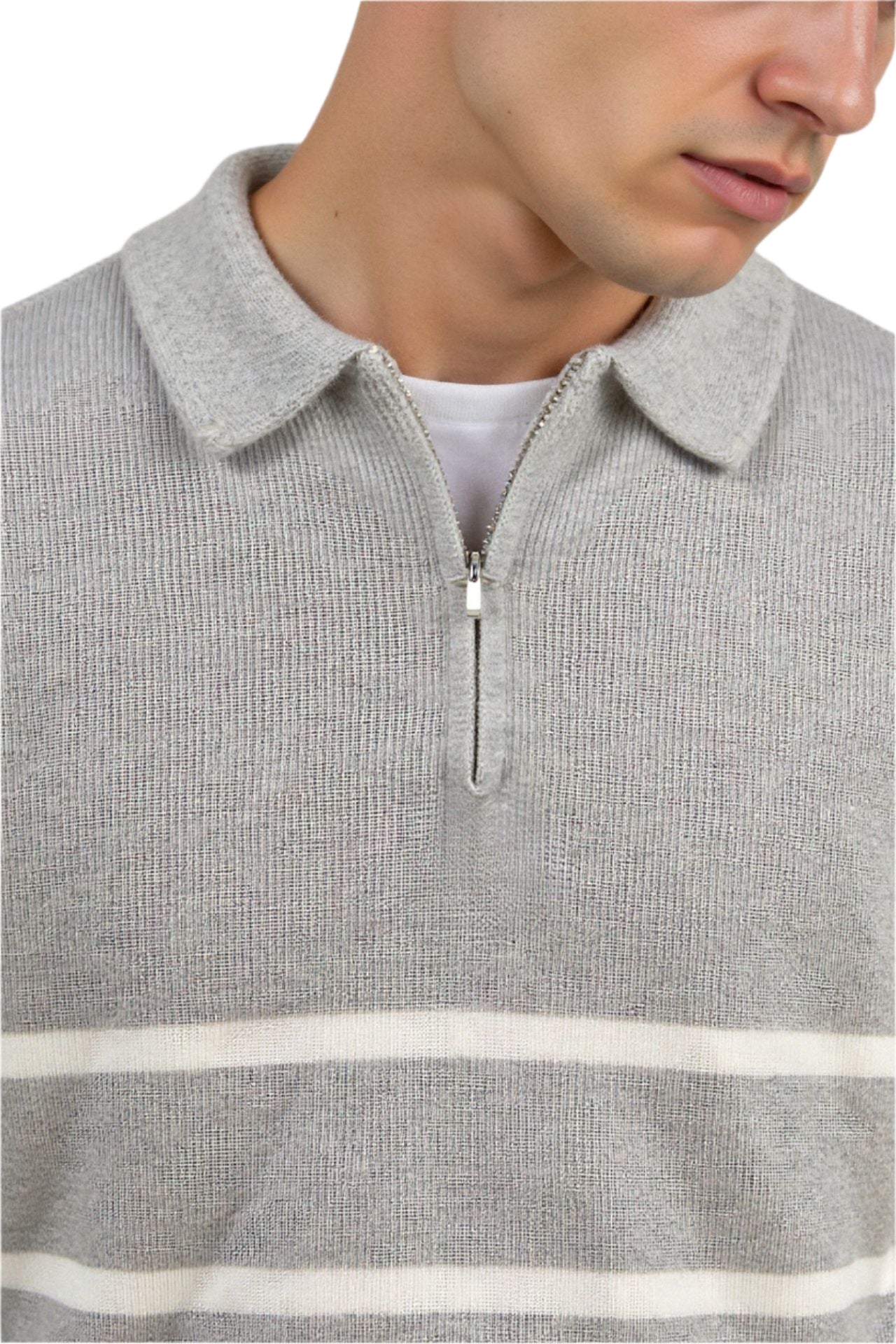 white striped cotton quarter-zip ribbed sweater with polished cuffs