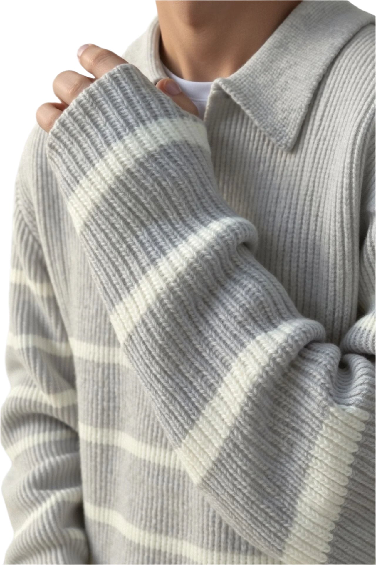 white striped cotton quarter-zip ribbed sweater with polished cuffs