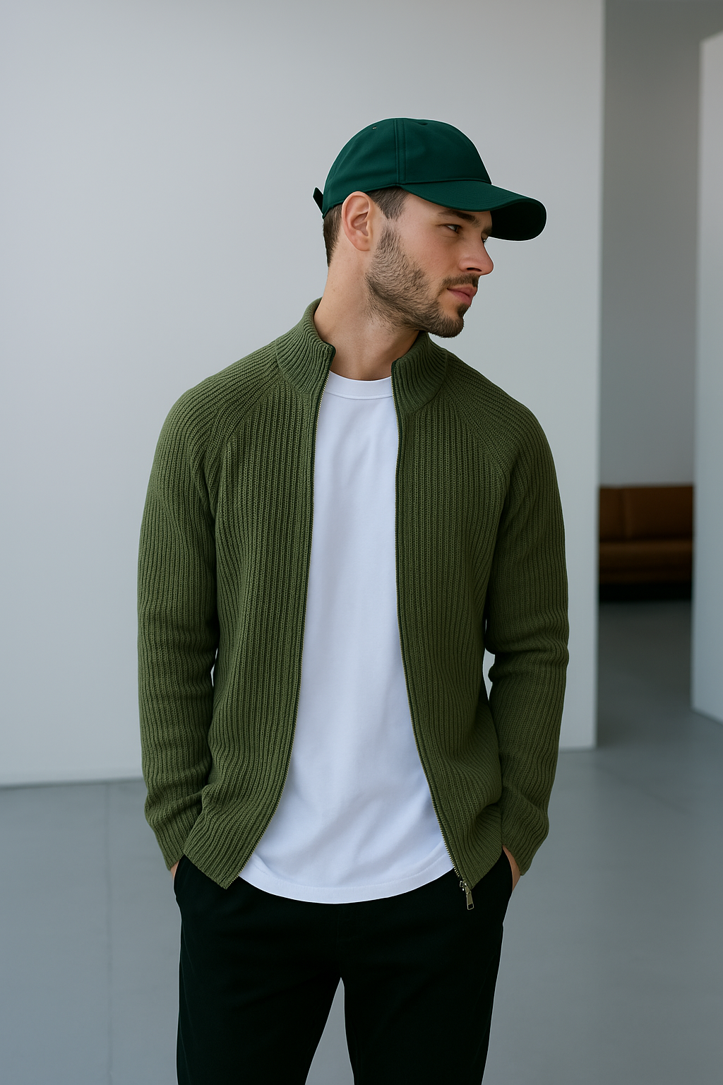 Model wearing zip-up sweater with long sleeves and ribbed edges