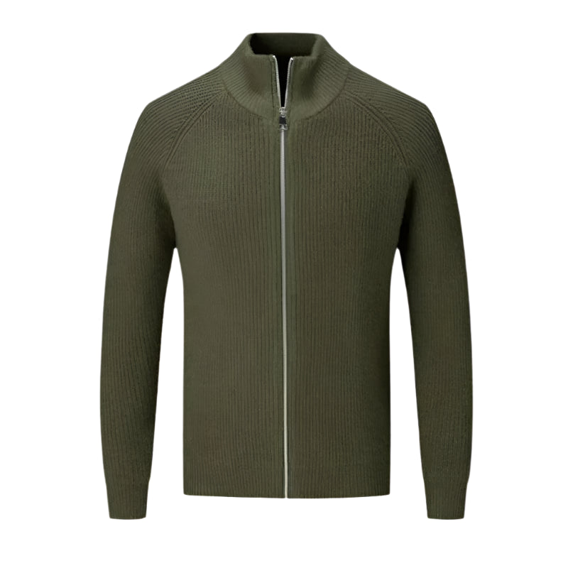 Long sleeve sweater with zip closure, laid flat on surface