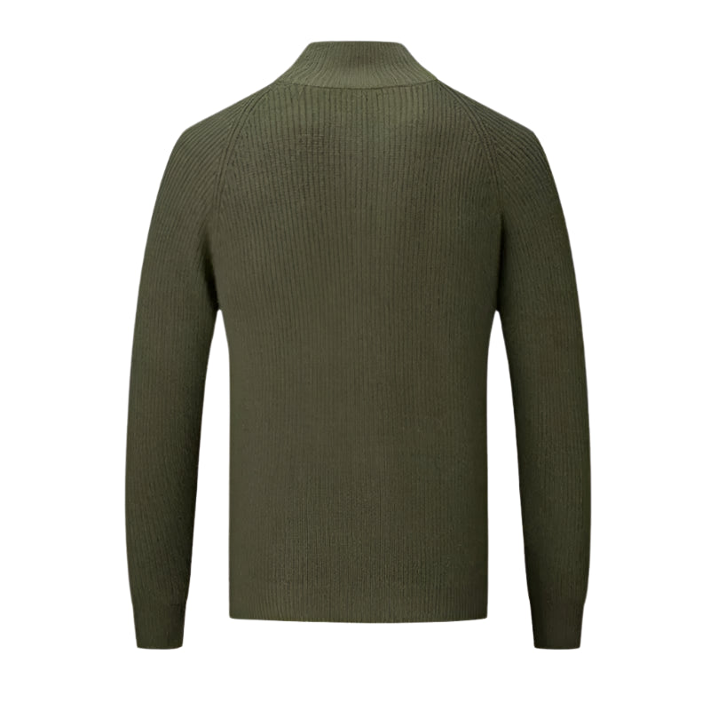 Back view of Knit sweater with full zip and straight hem, laid flat