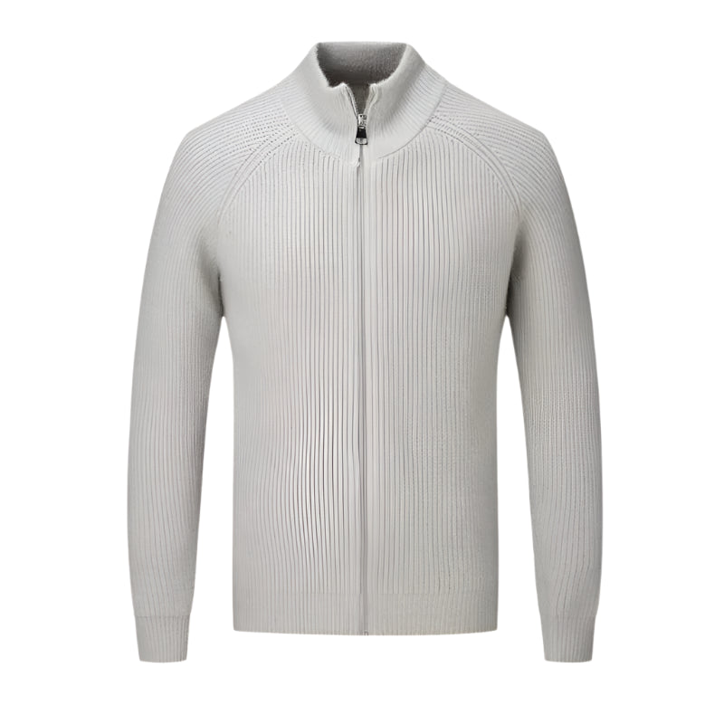 Zip-up sweater with long sleeves and front zipper, laid flat