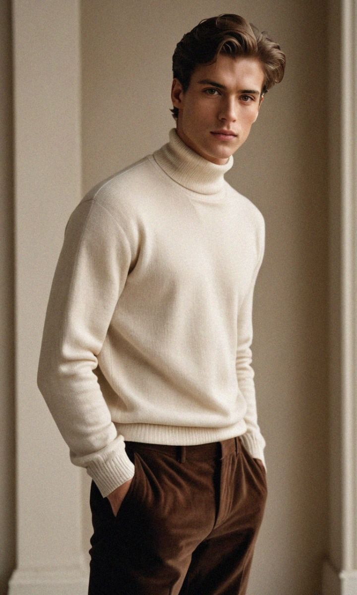 Model wearing turtleneck sweater with ribbed cuffs and long sleeves