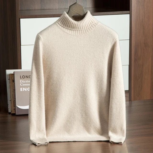Turtleneck sweater with ribbed cuffs and long sleeves, displayed on hanger