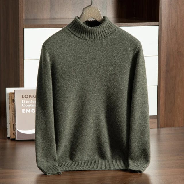 Turtleneck sweater with ribbed cuffs and long sleeves, displayed on hanger