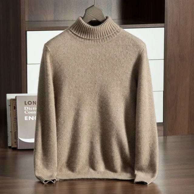 Turtleneck sweater with ribbed cuffs and long sleeves, displayed on hanger