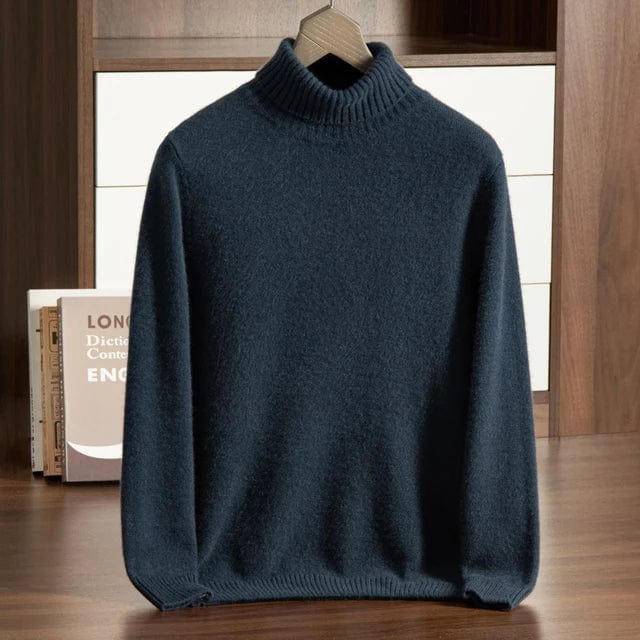 Turtleneck sweater with ribbed cuffs and long sleeves, displayed on hanger