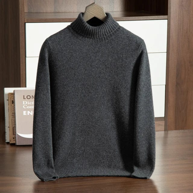 Turtleneck sweater with ribbed cuffs and long sleeves, displayed on hanger