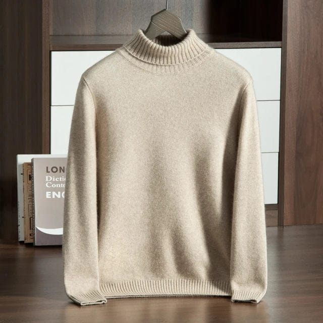 Turtleneck sweater with ribbed cuffs and long sleeves, displayed on hanger