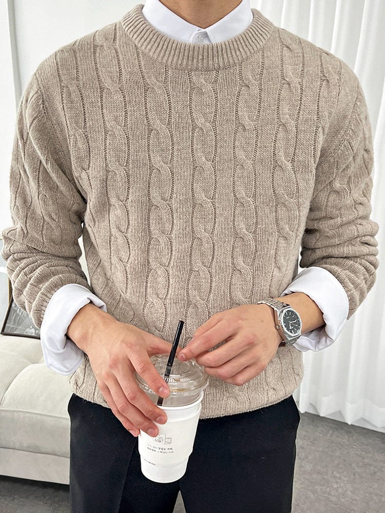 Twist knit sweater with crew neck and long sleeves, worn by  model