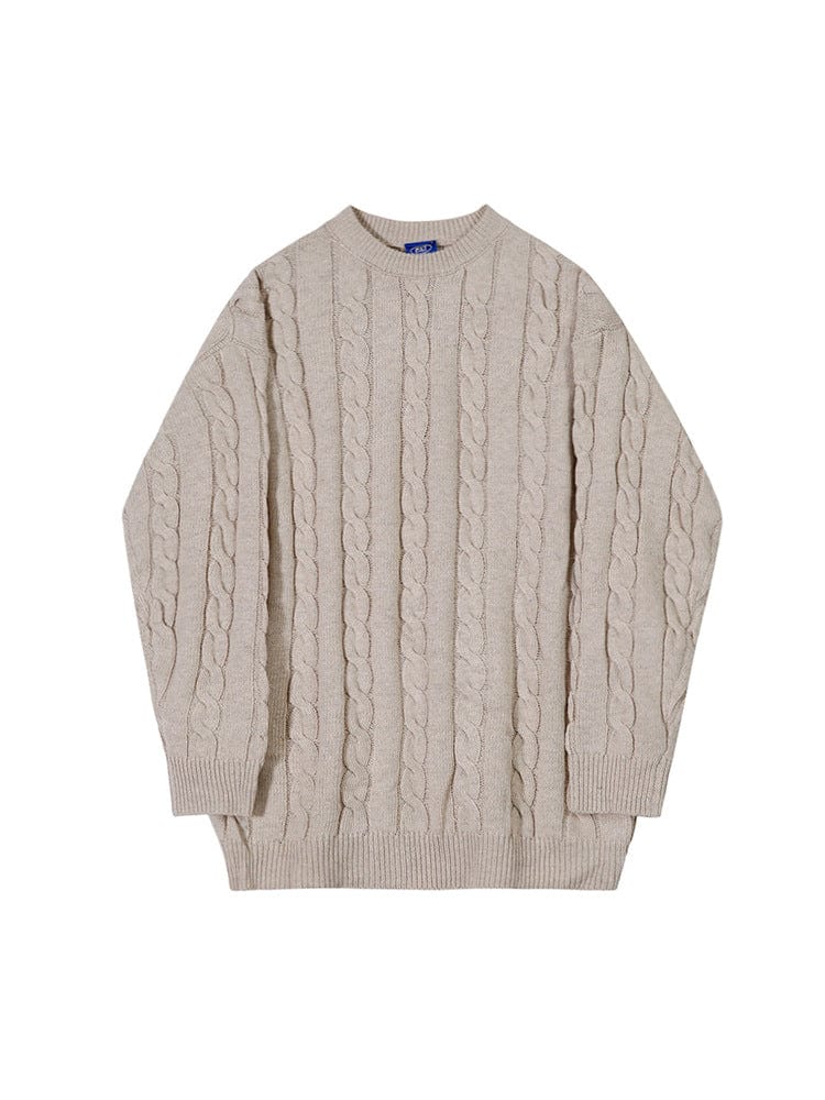 Twist knit sweater with crew neck and long sleeves, laid flat
