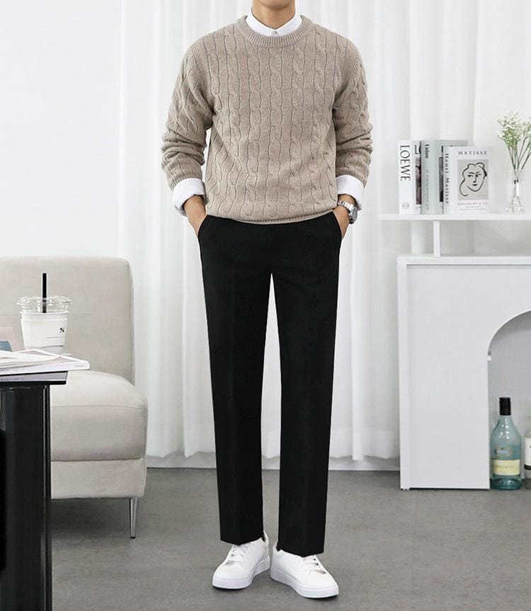 Twist knit sweater with crew neck and long sleeves, worn  by model