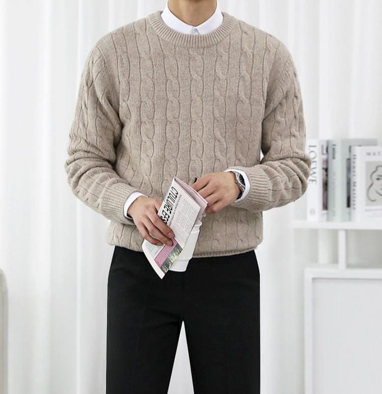 Twist knit sweater with crew neck and long sleeves, worn by model